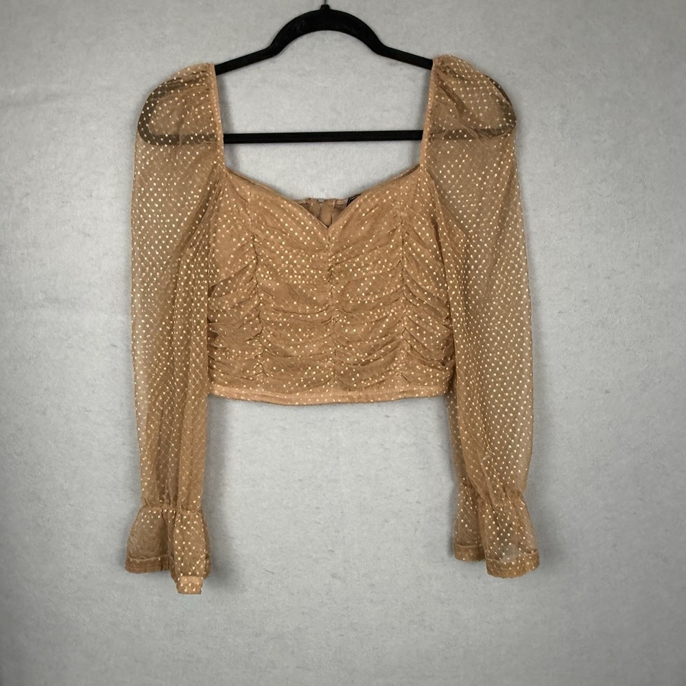 Chocolate USA Top Womens Medium Ruched Crop Sweetheart Neck Mesh Bell‎ Sleeve
